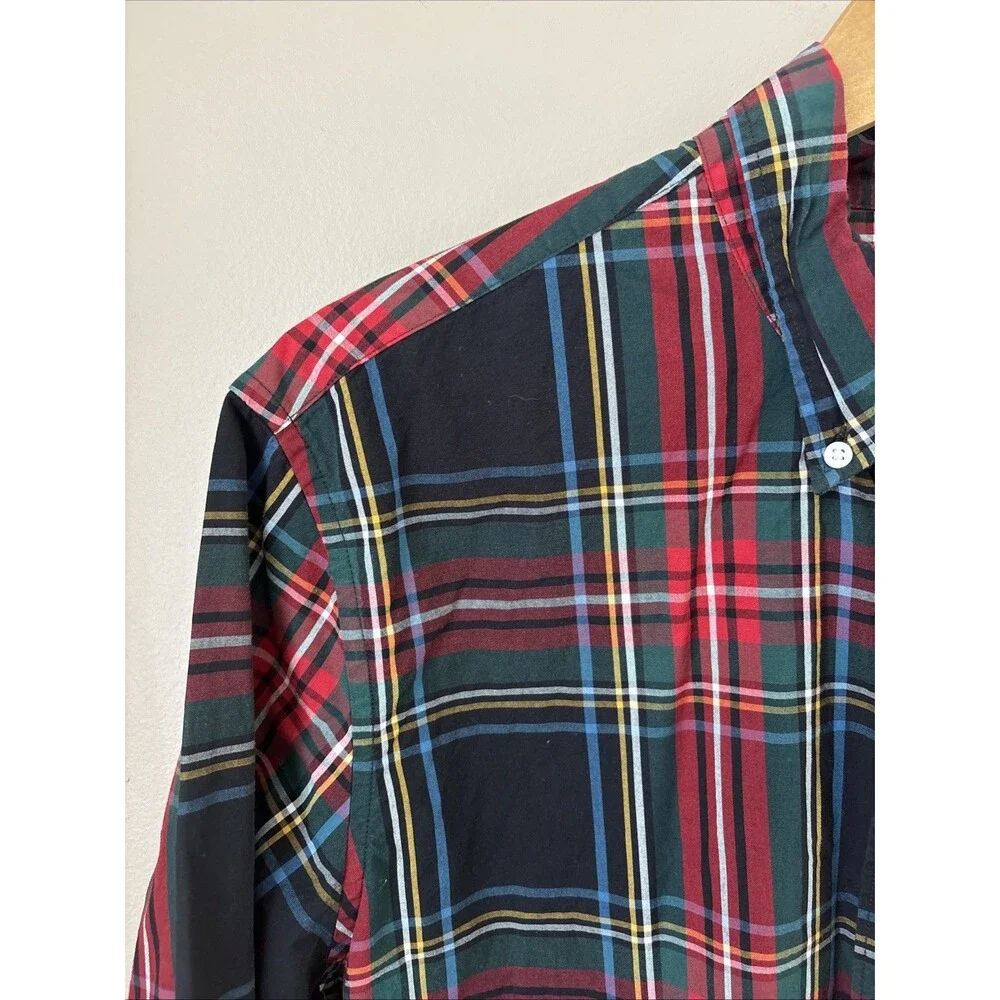 J.Crew Slim Button Up Shirt Mens L Red Plaid Organic Cotton Long Sleeve